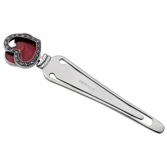 Heart Bookmark Victorian Style 925 Sterling Silver English Hallmarks Set With Red Enamel And Marcasite