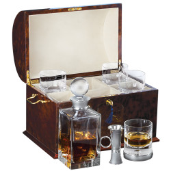 VIP Drinks Set 925 Sterling Silver English Hallmarks With Glass Crystal Housed in a Burr Wood Cabinet