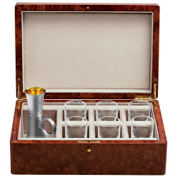 VIP Drinks Set 925 Sterling Silver English Hallmarks With Glass Crystal Housed in a Burr Wood Cabinet