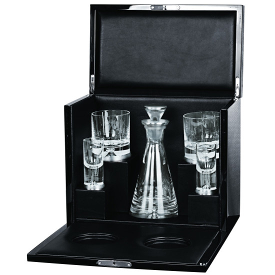 VIP Drinks Set 925 Sterling Silver English Hallmarks With Glass Crystal Housed in a Maple Leaf Wood Cabinet