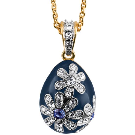 True Love Egg Shaped Necklace Pendant Art Deco Style Gold Plated Set With Enamel Sparkling Blue and Clear Austrian Crystals