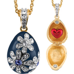 True Love Egg Shaped Necklace Pendant Art Deco Style Gold Plated Set With Enamel Sparkling Blue and Clear Austrian Crystals