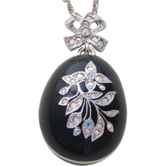 Dove Egg Shaped Necklace Pendant Art Deco Style Rhodium Plated Set With Enamel and Sparkling Clear Austrian Crystals