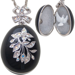 Dove Egg Shaped Necklace Pendant Art Deco Style Rhodium Plated Set With Enamel and Sparkling Clear Austrian Crystals