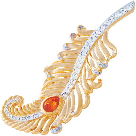 Feather Pin Brooch Art Nouveau Style Gold Plated Set With Sparkling Austrian Crystals