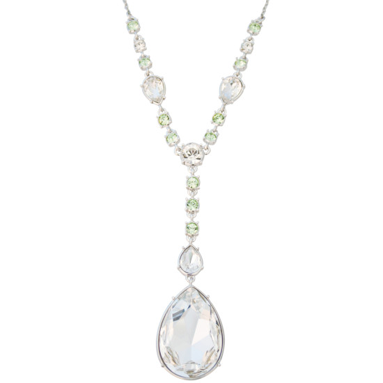 Teardrop Necklace Elizabethan Style Rhodium Plated Metal Alloy Set With Sparkling Light Green and Clear Austrian Crystals