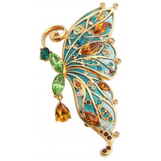 JB1 Gold Plated Butterfly Brooch Pin In Blue Enamel With Green And Orange Swarovski Crystals