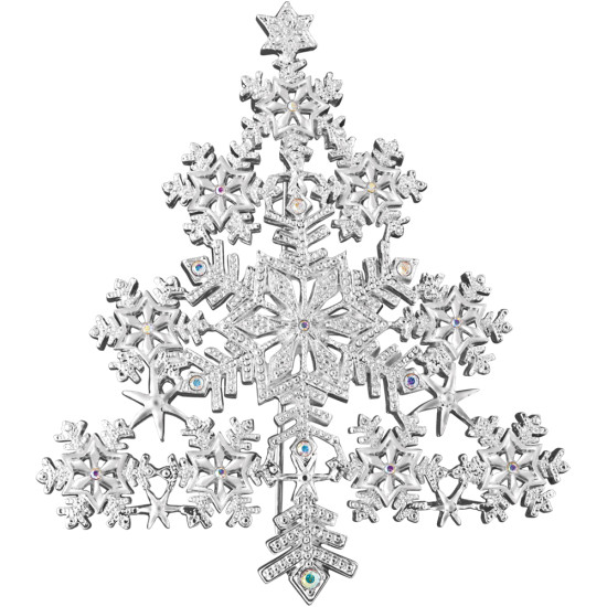Snowflake Christmas Tree Pin Brooch Rhodium Plated Metal Alloy Set With Sparkling Austrian Crystals