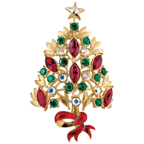 Christmas Tree Brooch Plated Gold Plated Metal Alloy Set With Enamel and Multicoloured Sparkling Austrian Crystals
