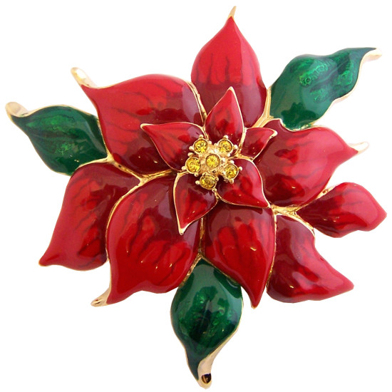 Christmas Poinsettia Brooch Plated Gold Plated Metal Alloy Set With Enamel and Sparkling Austrian Crystals