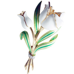 Tulip Pin Brooch Art Deco Style Gold Plated Metal Alloy Set With Enamel and Sparkling Austrian Crystals