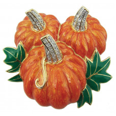 JB20 Gold plated pumpkin brooch pin in green and orange enamel with clear Swarovski crystals