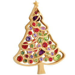 Christmas Tree Pin Brooch Gold Plated Metal Alloy Set With Sparkling Austrian Crystals