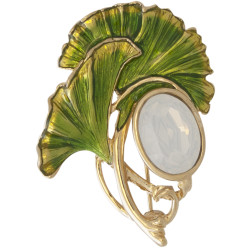 Gingko Leaf Pin Brooch Art Deco Style Gold Plated Metal Alloy Set With Enamel and Austrian Opal