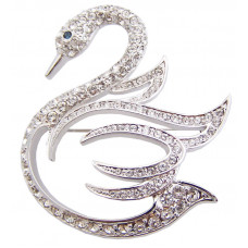 JB7 Rhodium Plated Swan Brooch Pin With Blue And Clear Swarovski Cyrstals