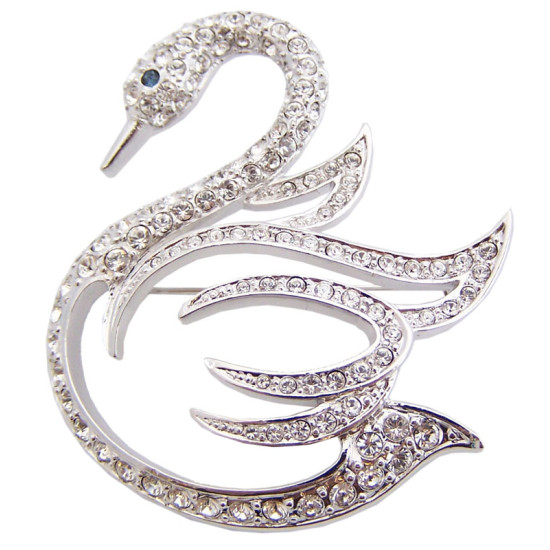 Swan Pin Brooch Rhodium Plated Metal Alloy Set with Sparkling Swarovcki Crystals