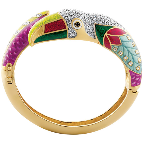 Toucan Cuff Bangle Art Deco Style Gold Plated Metal Alloy Set With Sparkling Austrian Crystals and Enamel