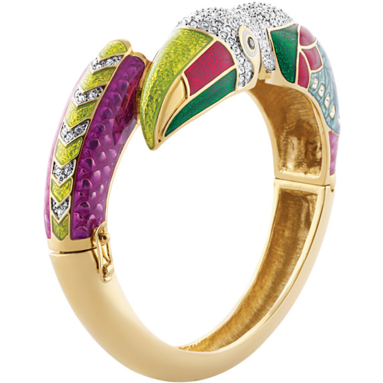 Toucan Cuff Bangle Art Deco Style Gold Plated Metal Alloy Set With Sparkling Austrian Crystals and Enamel