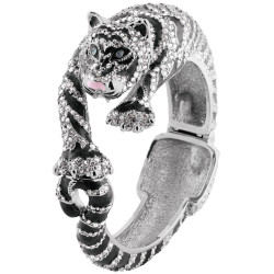 Siberian Tiger Cuff Bangle Rhodium Plated Metal Alloy Set With Enamel and Sparkling Austrian Crystals