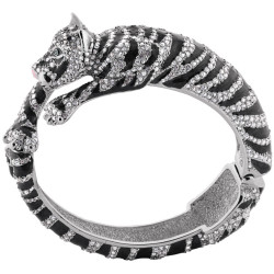 Siberian Tiger Cuff Bangle Rhodium Plated Metal Alloy Set With Enamel and Sparkling Austrian Crystals