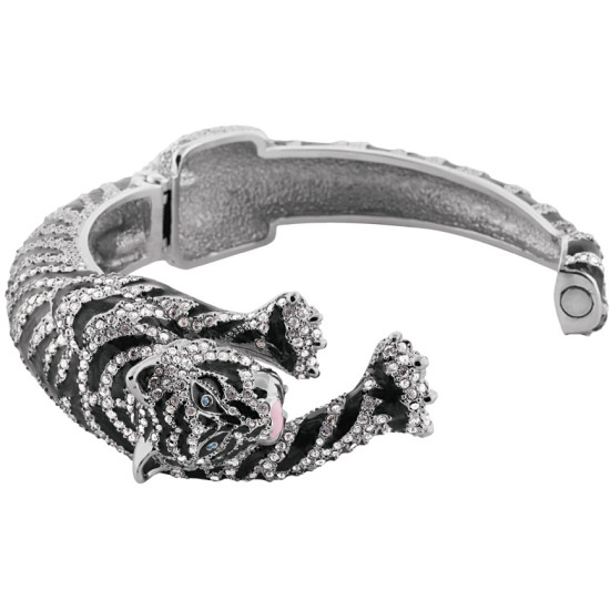 Siberian Tiger Cuff Bangle Rhodium Plated Metal Alloy Set With Enamel and Sparkling Austrian Crystals