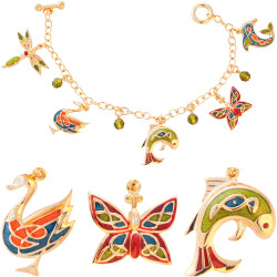 Charm Bracelet Art Nouveau Style Gold Plated Metal Alloy Set With Sparkling Austrian Crystals and Jewellers Enamel