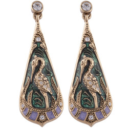Heron Earrings Art Nouveau Style Gold Plated Metal Alloy Set With Enamel and Sparkling Austrian Crystals