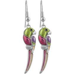 Parrot Drop Earrings Rhodium Plated Metal Alloy Set With Enamel and Sparkling Austrian Crystals