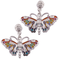 Butterfly Earrings Art Nouveau Style Rhodium Plated Metal Alloy Set With Enamel and Sparkling Austrian Crystals