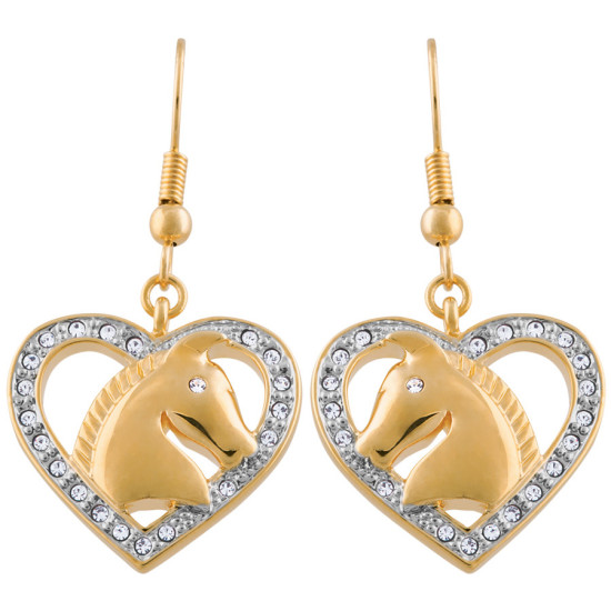 Horses Head in Heart Drop Earrings Gold Plated Metal Alloy Set With Sparkling Austrian Crystals