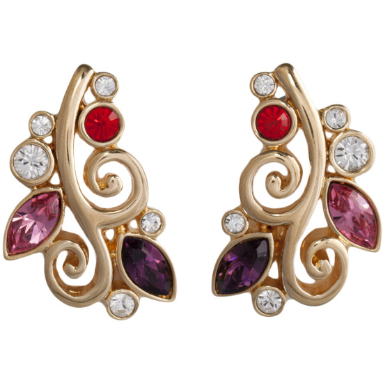 Floral Design Stud Earrings Gold Plated Metal Alloy Set With Sparkling Austrian Crystals