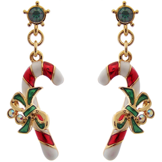 Christmas Candy Canes Earrings Gold Plated Metal Alloy Set With Enamel and Sparkling Austrian Crystals