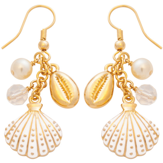 Seashell Drop Earrings Gold Plated Metal Alloy Set With Enamel and Austrian Beads