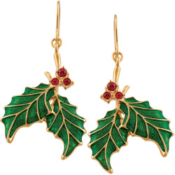 Christmas Holly Earrings Gold Plated Metal Alloy Set With Enamel and Sparkling Austrian Crystals
