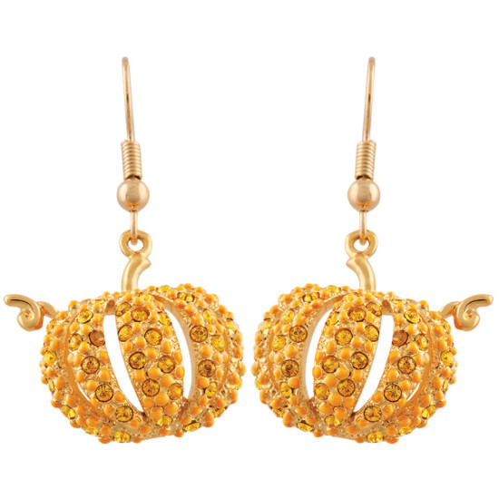 Halloween Pumpkin Earrings Gold Plated Metal Alloy Set With Enamel and Sparkling Austrian Crystals