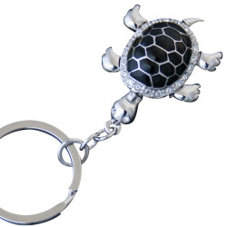 Turtle Keyring Rhodium Plated Metal Alloy Set With Enamel and Sparkling Clear Austrian Crystals and Black Enamel