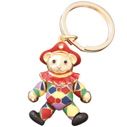 Moving Harlequin Teddy Key Ring Gold Plated Metal Alloy Set With Enamel and Black Sparkling Austrian Crystals