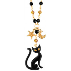 JNK20   Gold Plated And Black Enamel Cat Necklace Jewelari Of London