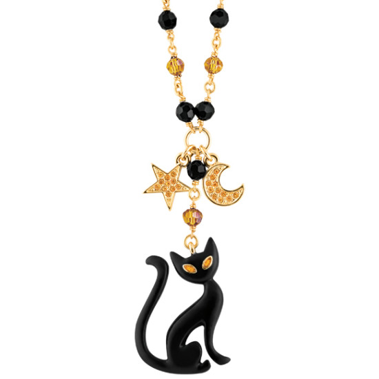 Halloween Cat Charm Necklace Gold Plated Metal Alloy Set With Enamel and Sparkling Austrian Crystals on 18" Chain