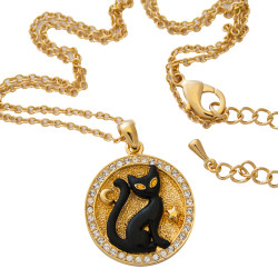 Halloween Cat Medallion Necklace Gold Plated Metal Alloy Set With Enamel and Sparkling Austrian Crystals on 18" Chain