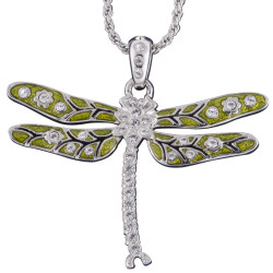 Dragonfly Pendant Art Nouveau Style Rhodium Plated Metal Alloy Set With Enamel and Sparkling Clear Austrian Crystals on 16" Chain