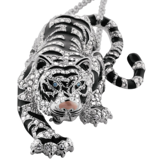 Siberian Tiger Pin Brooch Pendant Rhodium Plated Metal Alloy Set With Enamel and Sparkling Clear Austrian Crystals