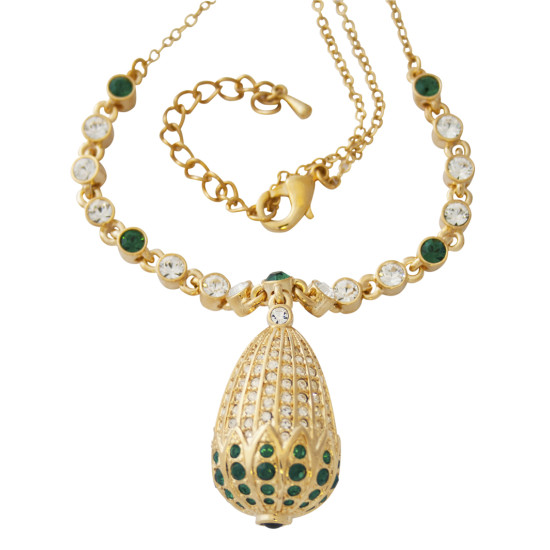 Egg Shaped Necklace Pendant Victorian Style Gold Plated Set With Enamel Sparkling Green and Clear Austrian Crystals