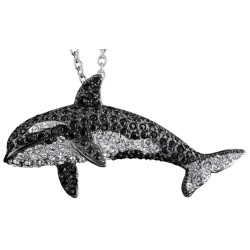Whale Pin Brooch Pendant Rhodium Plated Metal Alloy Set With Enamel and Sparkling Black and Clear Austrian Crystals