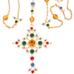 Cross Necklace Rosary Bead Style Gold Plated Metal Alloy Set with Sparkling Austrian Crystals