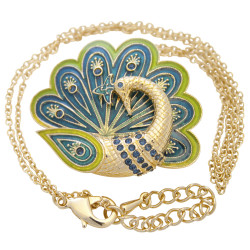 Peacock Pin Brooch Pendant Gold Plated Metal Alloy Set With Sparkling Austrian Crystals on Rope Chain