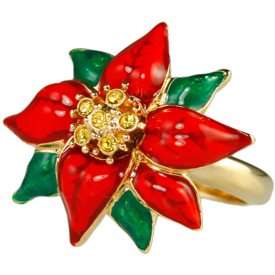 Poinsettia Ring Gold Plated Metal Alloy Set With Enamel and Sparkling Austrian Crystals