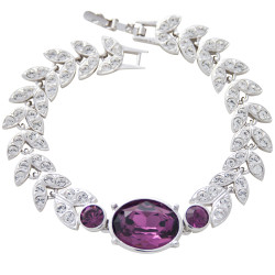 Elegant Bracelet Rhodium Plated Metal Alloy Set With Sparkling Purple and Clear Austrian Crystals