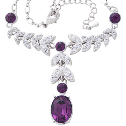 Elegant Necklace Elizabethan Style Rhodium Plated Metal Alloy Set With Sparkling Purple and Clear Austrian Crystals