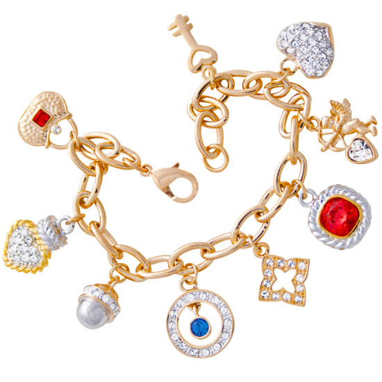 Charm Bracelet Victorian Style Gold Plated Metal Alloy Set With Sparkling Austrian Crystals and Jewellers Enamel